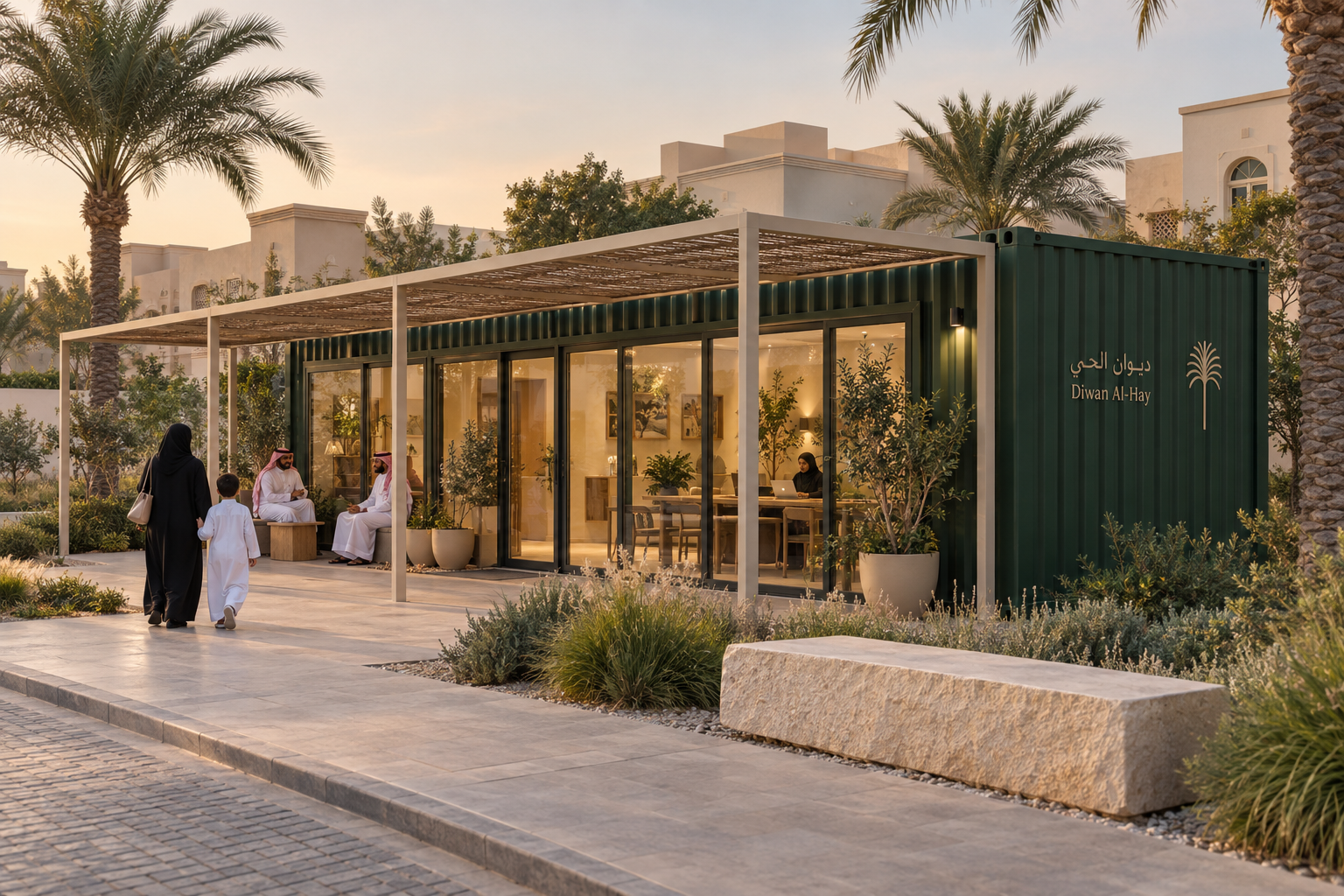 Photorealistic concept of Diwan Al-Hay in an ALAROUS-inspired neighbourhood, with shaded arrival and residents